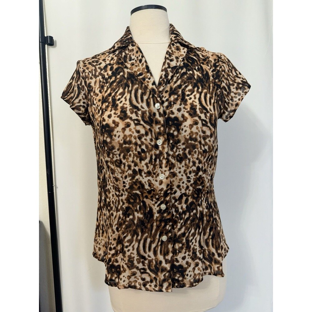 Studio by Liz Claiborne Sheer Leopard Print Button Front Collared Sz 8 vtg women